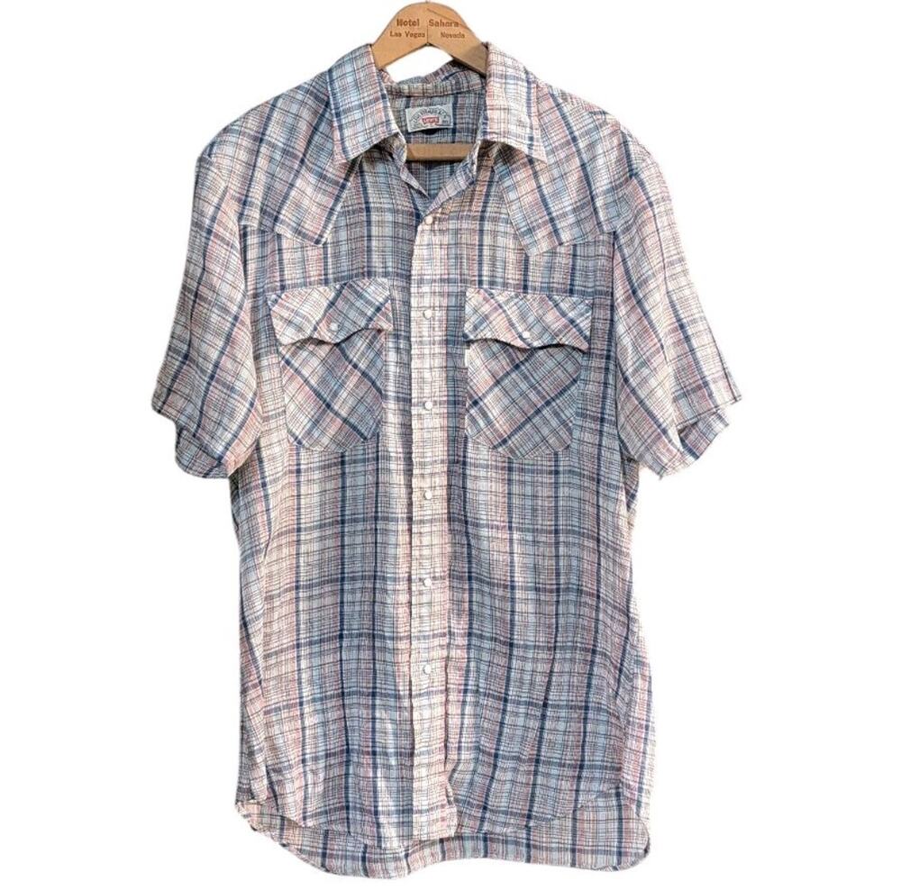 VTG 60s/70s Levi's Shirt Mens L Plaid Short Sleeve Pearl Snap Western USA J